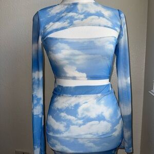 Sky Print Cutout Long Sleeve Dress - Blue & White